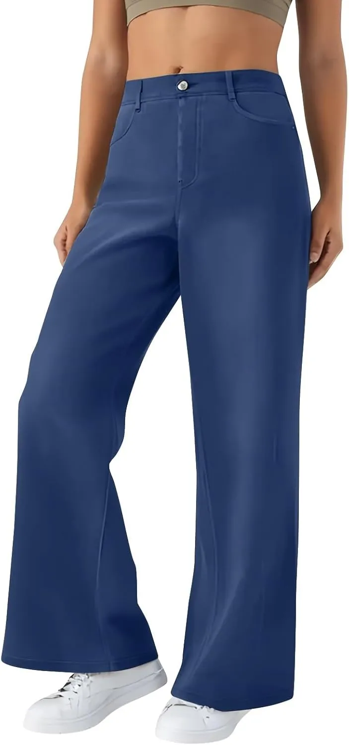 FQZWONG Jeans for Women Trendy Plus Size High Waisted Straight Pants Slim Fit Solid Tummy Control Denim Sweatpants