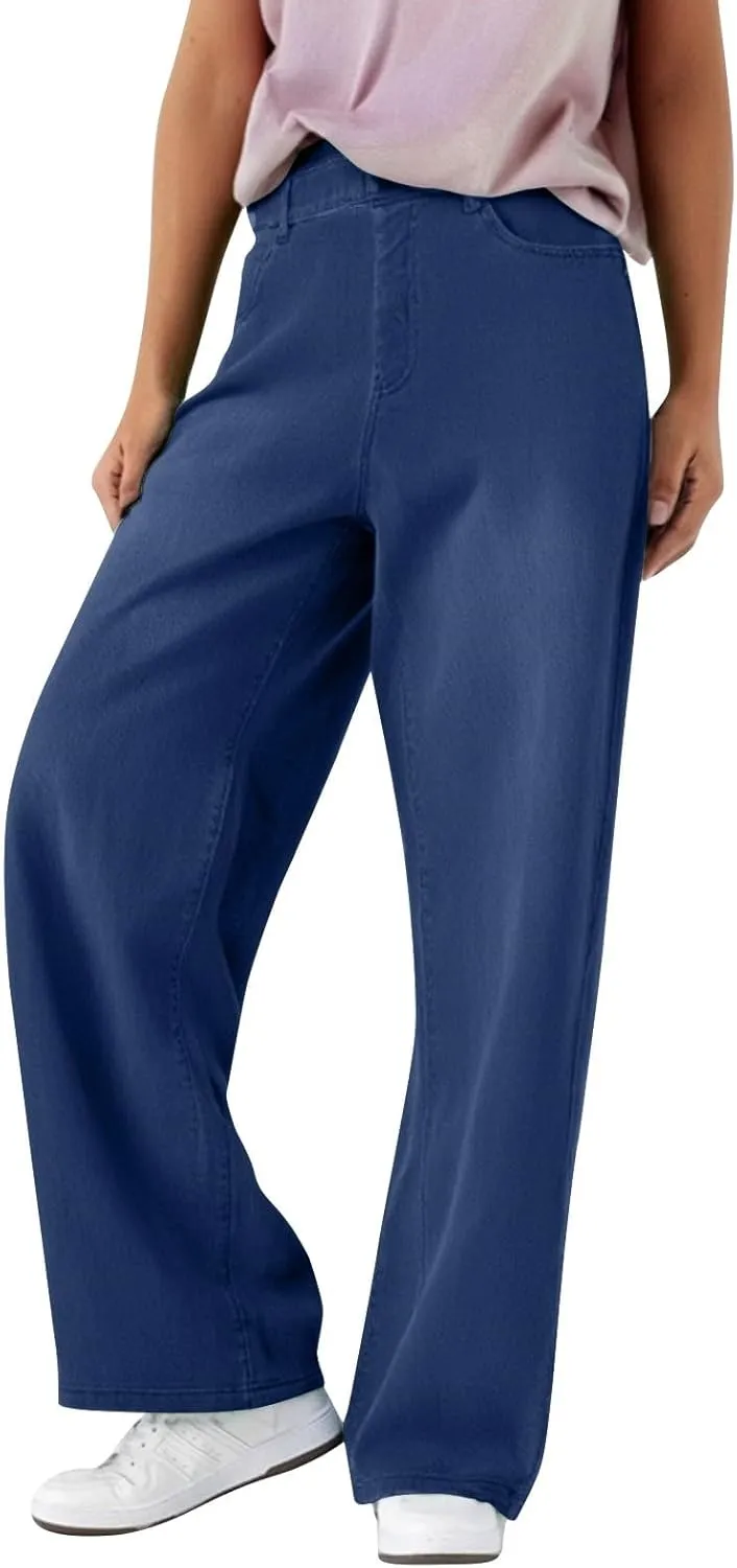 FQZWONG Jeans for Women Trendy Plus Size High Waisted Straight Pants Slim Fit Solid Tummy Control Denim Sweatpants