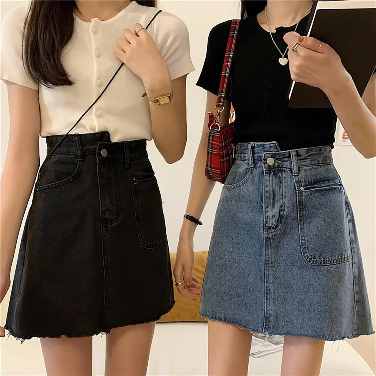 FZVYD Womens Denim Mini Skirt Ruffle Pleated 2025 Summer Trendy Short Dress A Line High Waist Mini Jean Skirt with Pockets