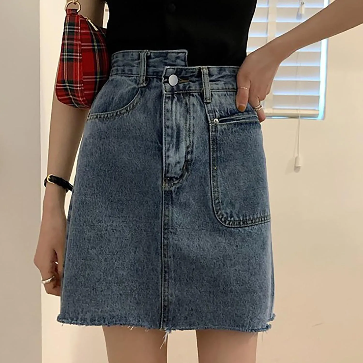 FZVYD Womens Denim Mini Skirt Ruffle Pleated 2025 Summer Trendy Short Dress A Line High Waist Mini Jean Skirt with Pockets