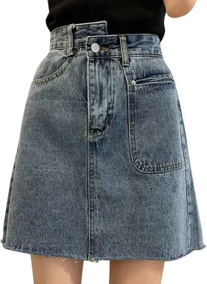 FZVYD Womens Denim Mini Skirt Ruffle Pleated 2025 Summer Trendy Short Dress A Line High Waist Mini Jean Skirt with Pockets