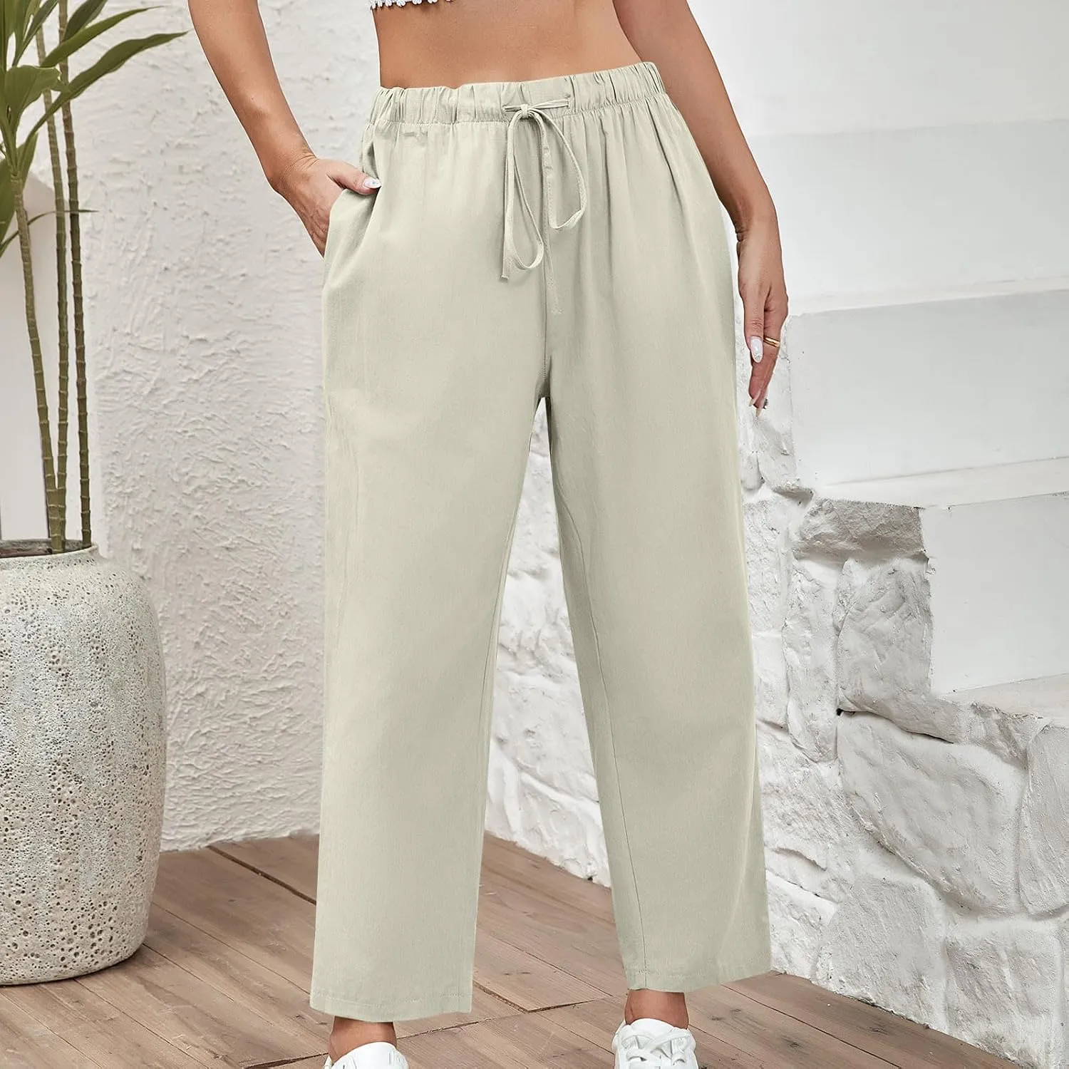 FZYLQY Capri Pants for Women Casual 2025 Summer Drawstring Elastic High Waist Cotton Linen Straight Wide Leg Cropped Trouser