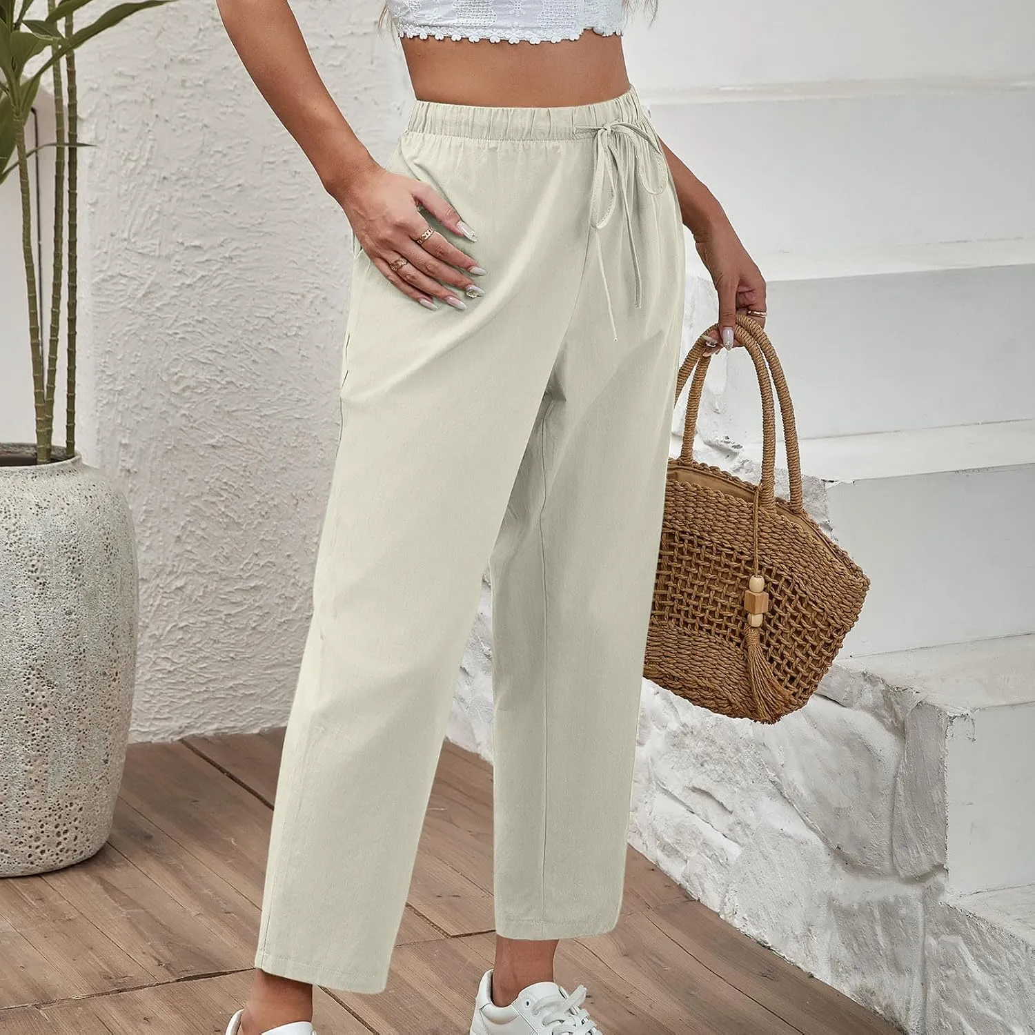 FZYLQY Capri Pants for Women Casual 2025 Summer Drawstring Elastic High Waist Cotton Linen Straight Wide Leg Cropped Trouser