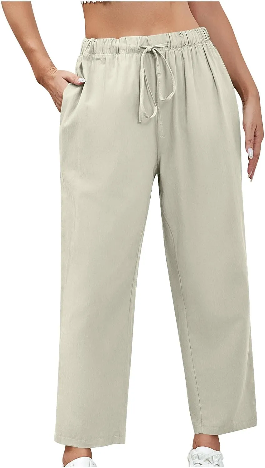 FZYLQY Capri Pants for Women Casual 2025 Summer Drawstring Elastic High Waist Cotton Linen Straight Wide Leg Cropped Trouser