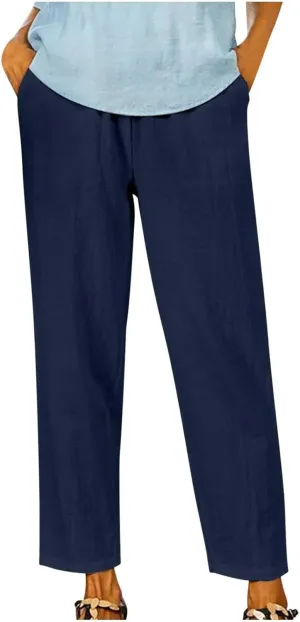 FZYLQY Linen Pants for Women Straight Leg Summer Trendy Elastic Waist Palazzo Beach Loose Fit Cropped Trousers with Pockets