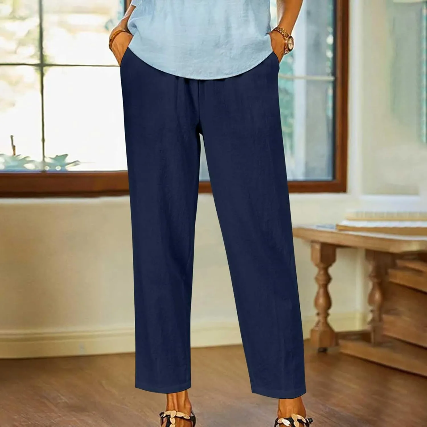 FZYLQY Linen Pants for Women Straight Leg Summer Trendy Elastic Waist Palazzo Beach Loose Fit Cropped Trousers with Pockets