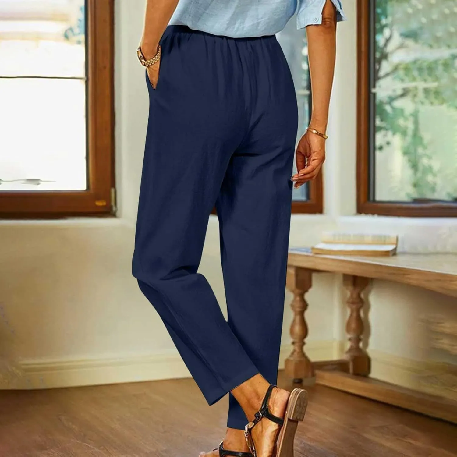 FZYLQY Linen Pants for Women Straight Leg Summer Trendy Elastic Waist Palazzo Beach Loose Fit Cropped Trousers with Pockets