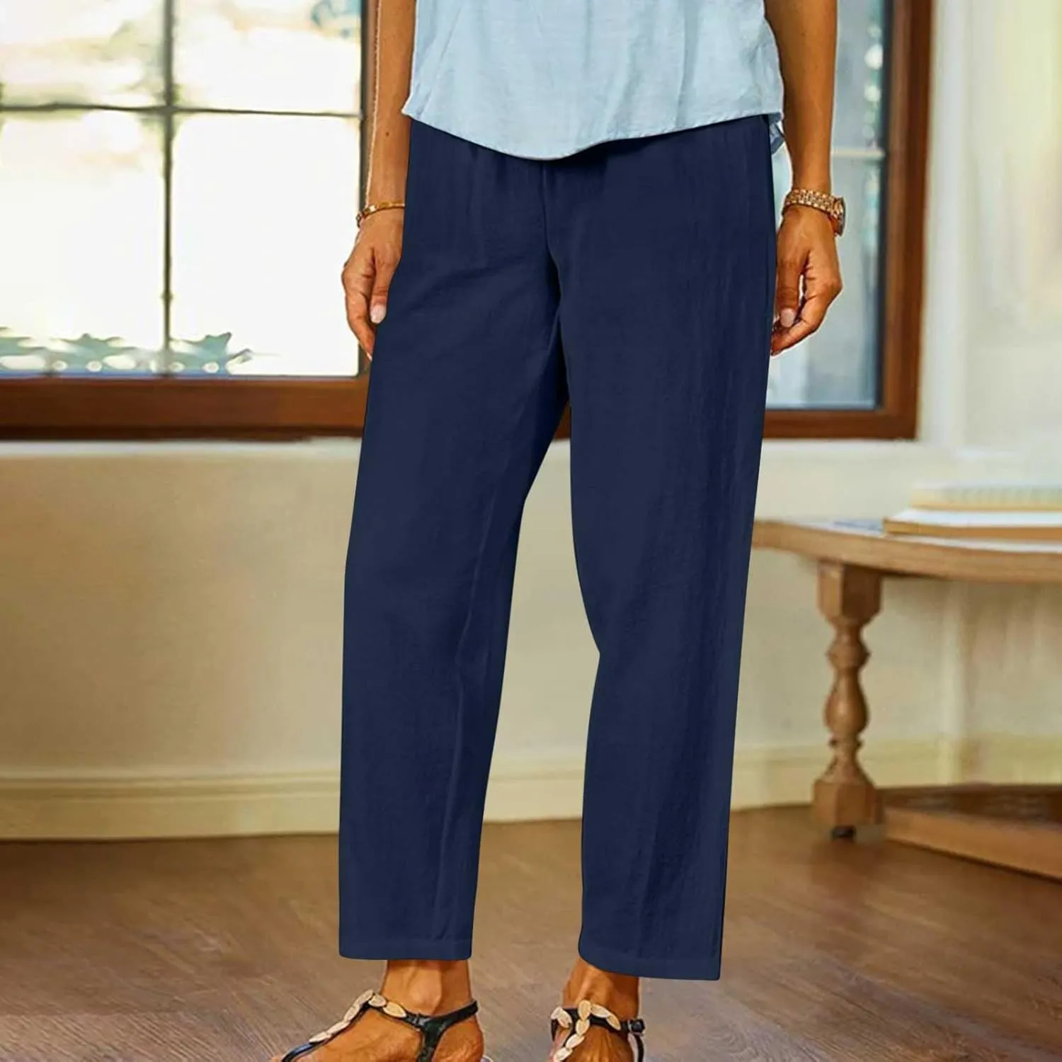FZYLQY Linen Pants for Women Straight Leg Summer Trendy Elastic Waist Palazzo Beach Loose Fit Cropped Trousers with Pockets