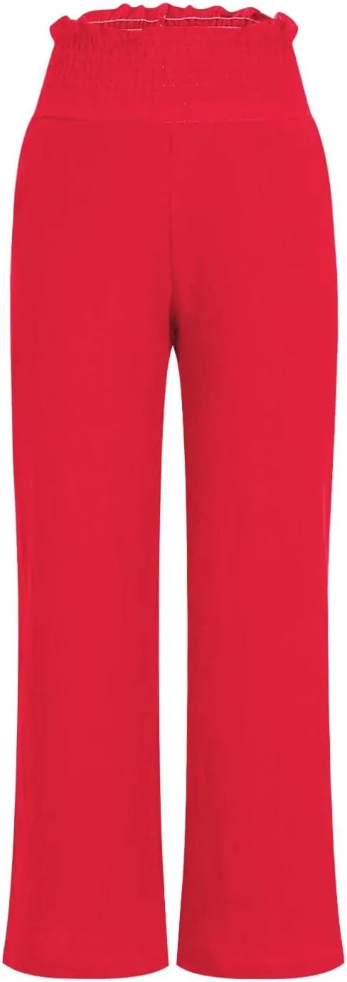 FZYLQY Wide Leg Linen Pants for Women Elastic High Waisted Flowy Palazzo Pants Comfy Lounge Pants Trousers with Pockets