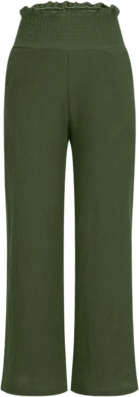 FZYLQY Wide Leg Linen Pants for Women Elastic High Waisted Flowy Palazzo Pants Comfy Lounge Pants Trousers with Pockets