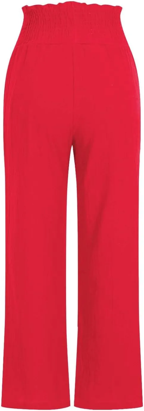 FZYLQY Wide Leg Linen Pants for Women Elastic High Waisted Flowy Palazzo Pants Comfy Lounge Pants Trousers with Pockets