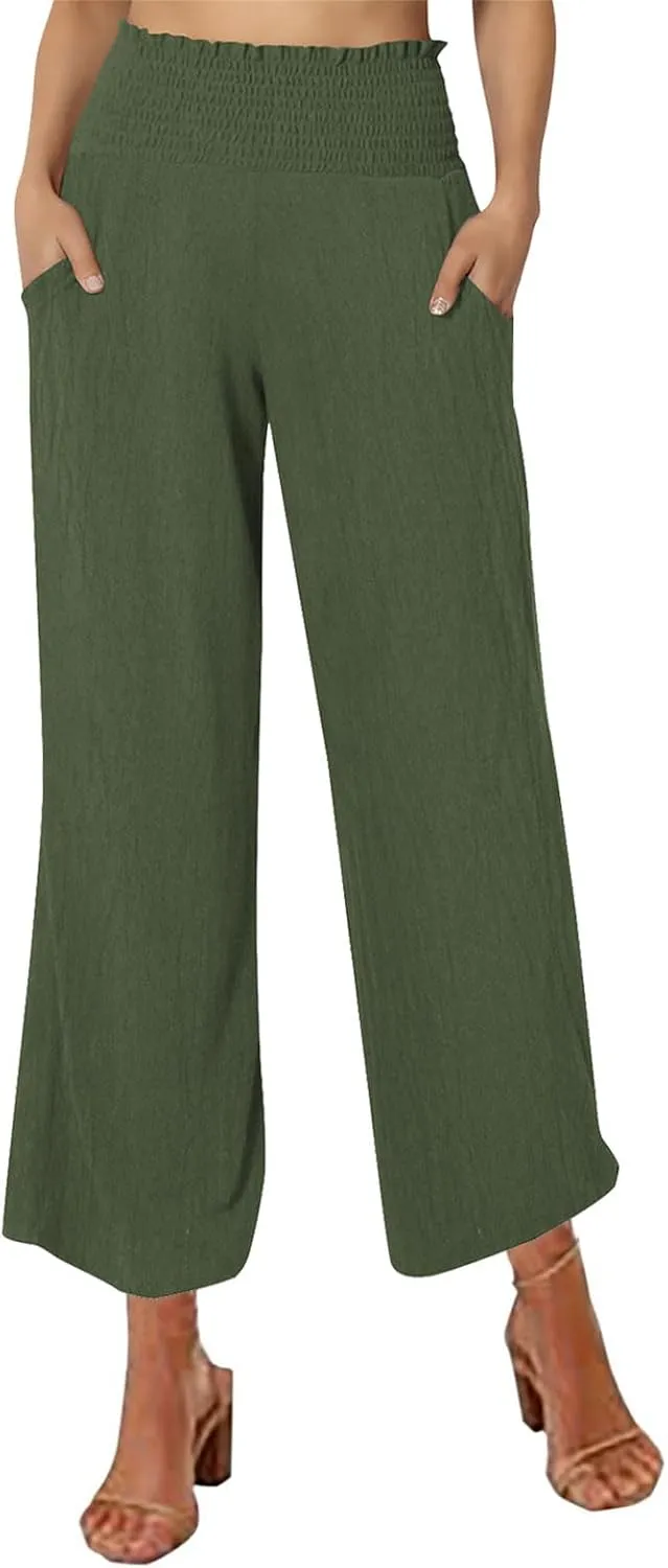 FZYLQY Wide Leg Linen Pants for Women Elastic High Waisted Flowy Palazzo Pants Comfy Lounge Pants Trousers with Pockets