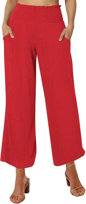 FZYLQY Wide Leg Linen Pants for Women Elastic High Waisted Flowy Palazzo Pants Comfy Lounge Pants Trousers with Pockets