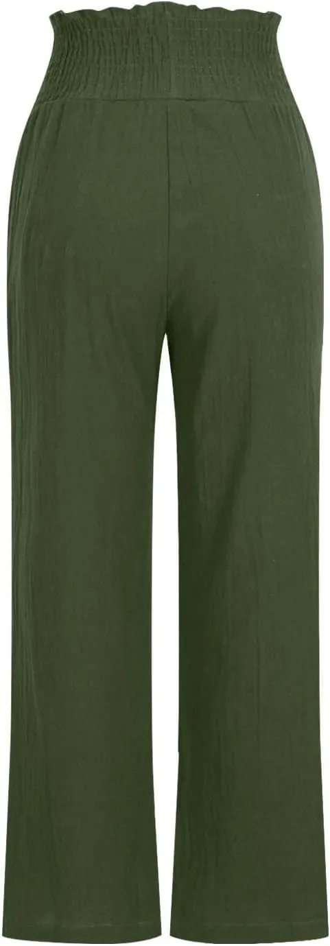 FZYLQY Wide Leg Linen Pants for Women Elastic High Waisted Flowy Palazzo Pants Comfy Lounge Pants Trousers with Pockets