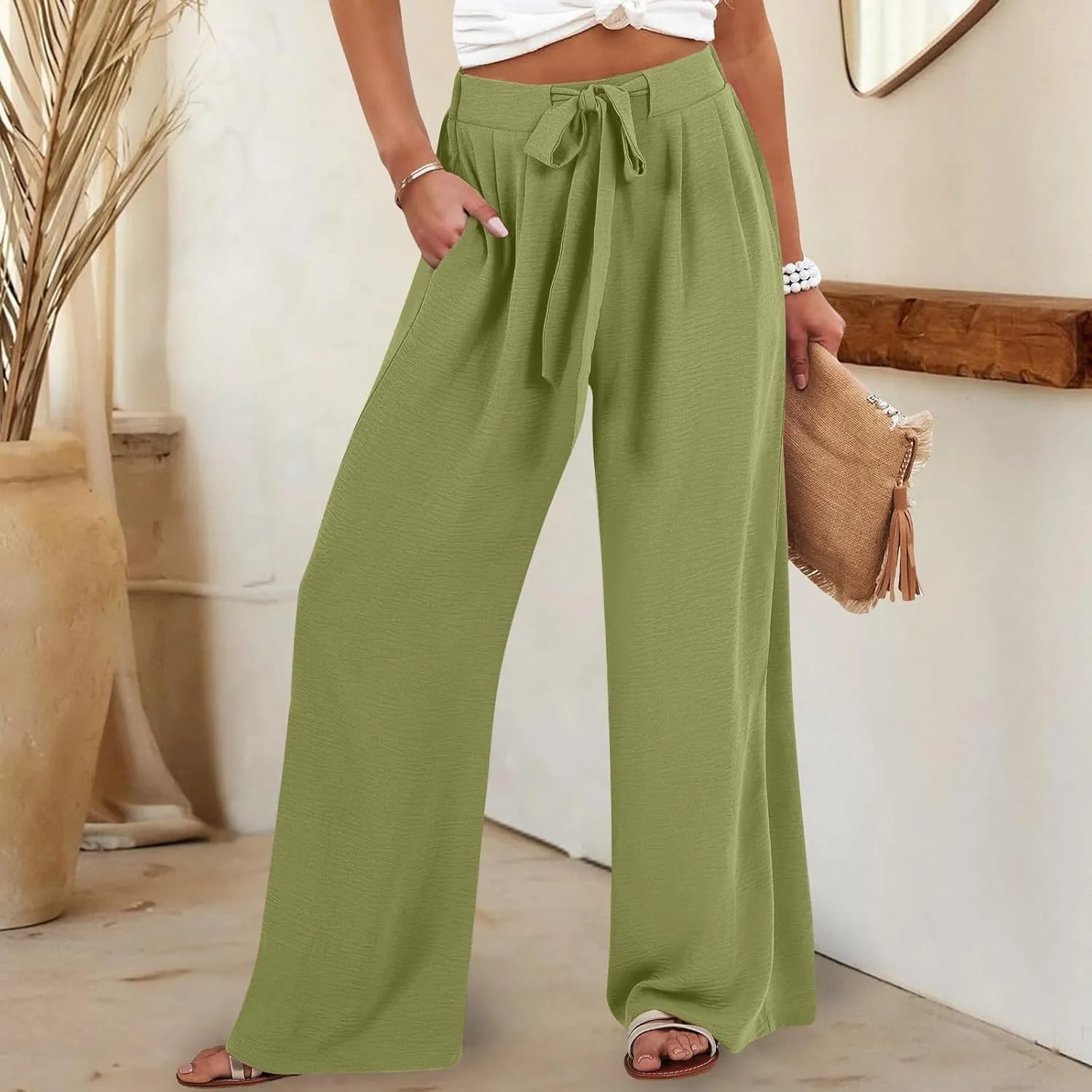 GIERIDUC Linen Palazzo Pants for Women Casual Loose Beach Straight Wide Leg Flowy Trousers High Waisted Tie Knot Lounge Pant