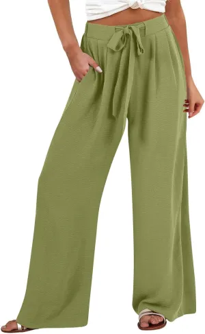 GIERIDUC Linen Palazzo Pants for Women Casual Loose Beach Straight Wide Leg Flowy Trousers High Waisted Tie Knot Lounge Pant