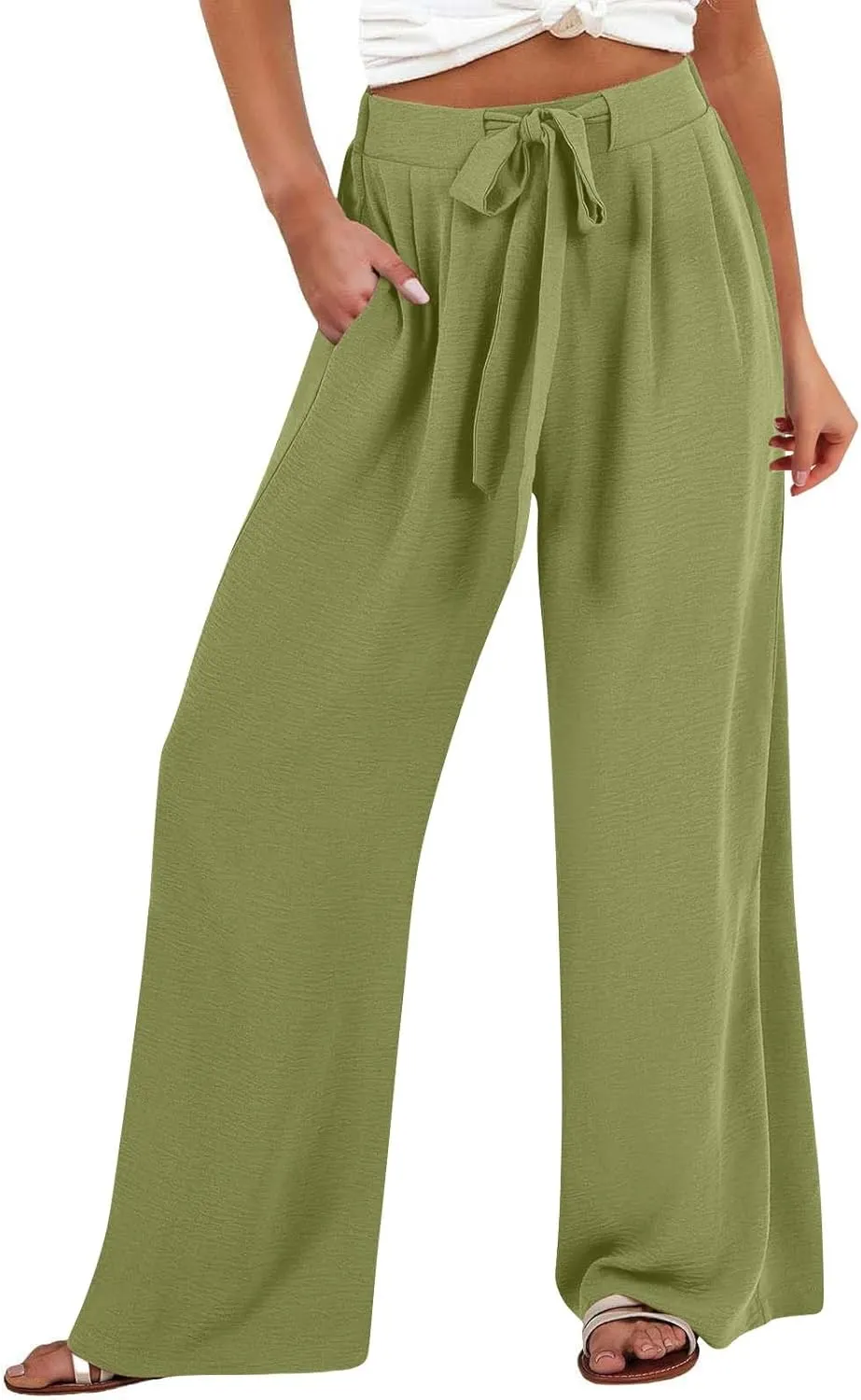 GIERIDUC Linen Palazzo Pants for Women Casual Loose Beach Straight Wide Leg Flowy Trousers High Waisted Tie Knot Lounge Pant