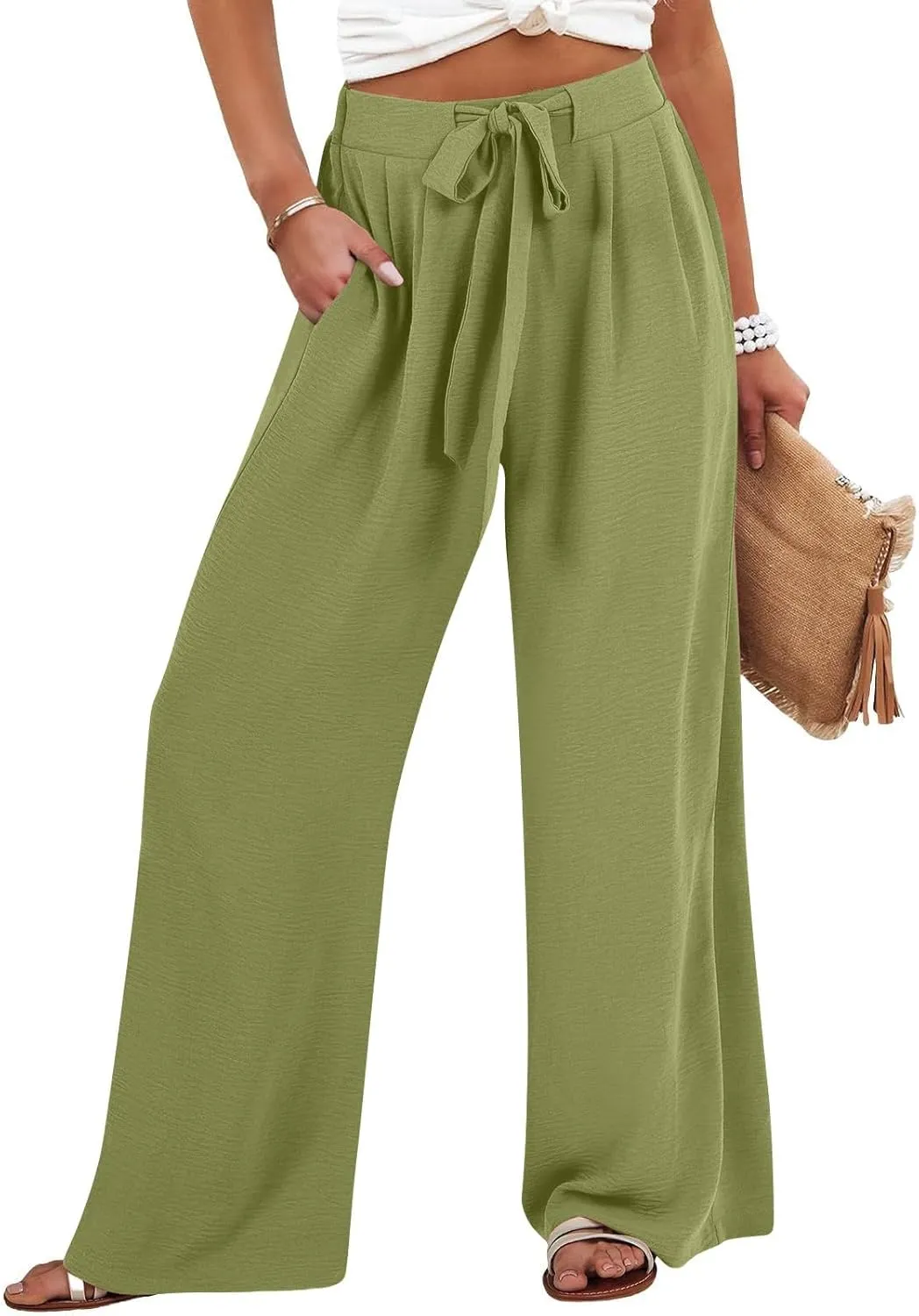 GIERIDUC Linen Palazzo Pants for Women Casual Loose Beach Straight Wide Leg Flowy Trousers High Waisted Tie Knot Lounge Pant