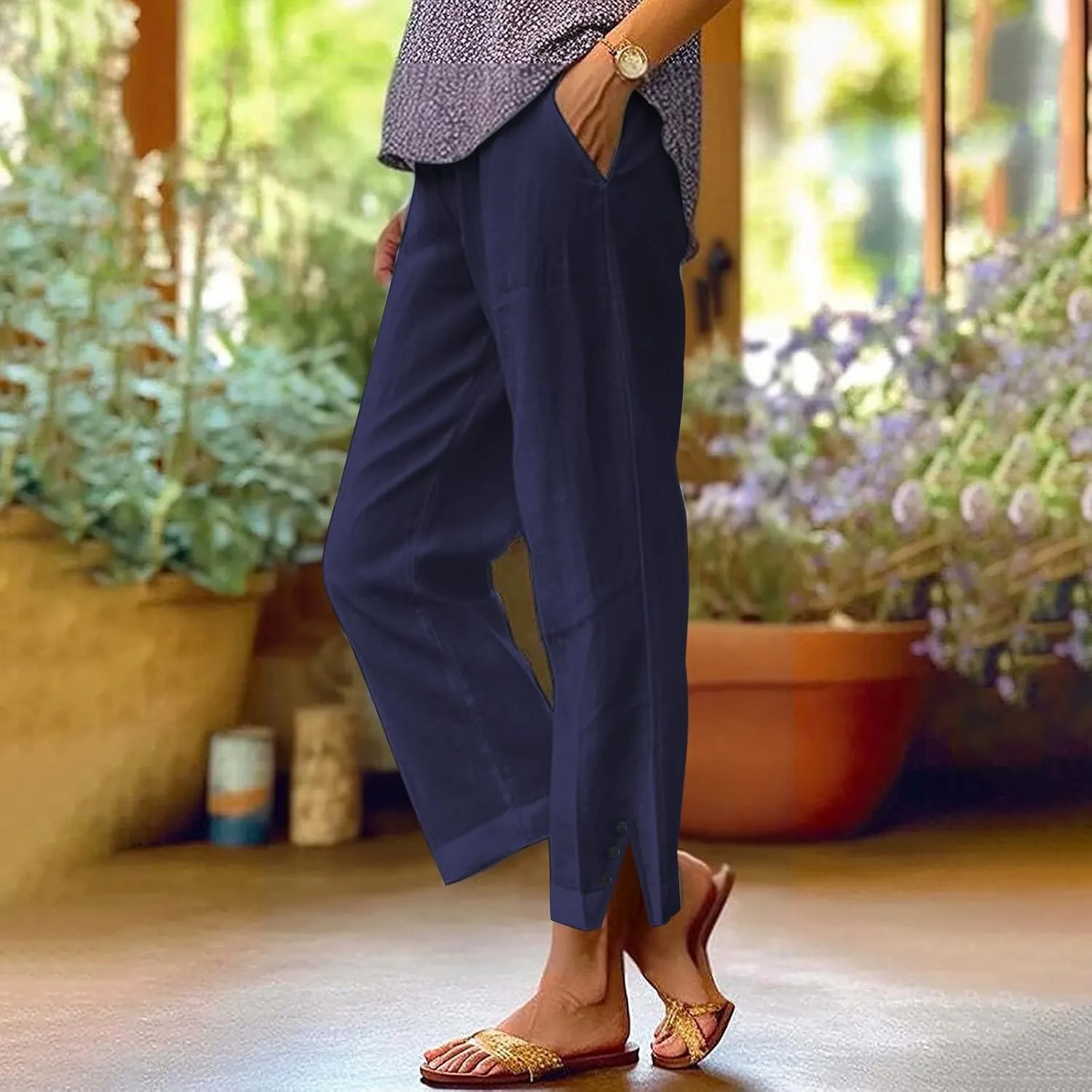 GIERIDUC Linen Pants for Women Flowy Palazzo Pants Bohemian High Waist Wide Leg Trousers Summer Beach Cruise Vacation Outfits