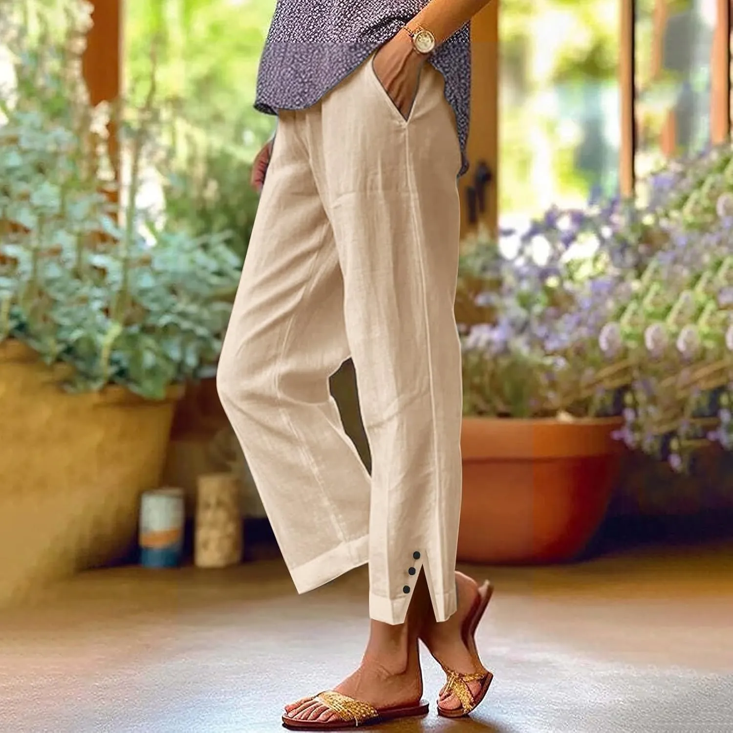 GIERIDUC Linen Pants for Women Flowy Palazzo Pants Bohemian High Waist Wide Leg Trousers Summer Beach Cruise Vacation Outfits