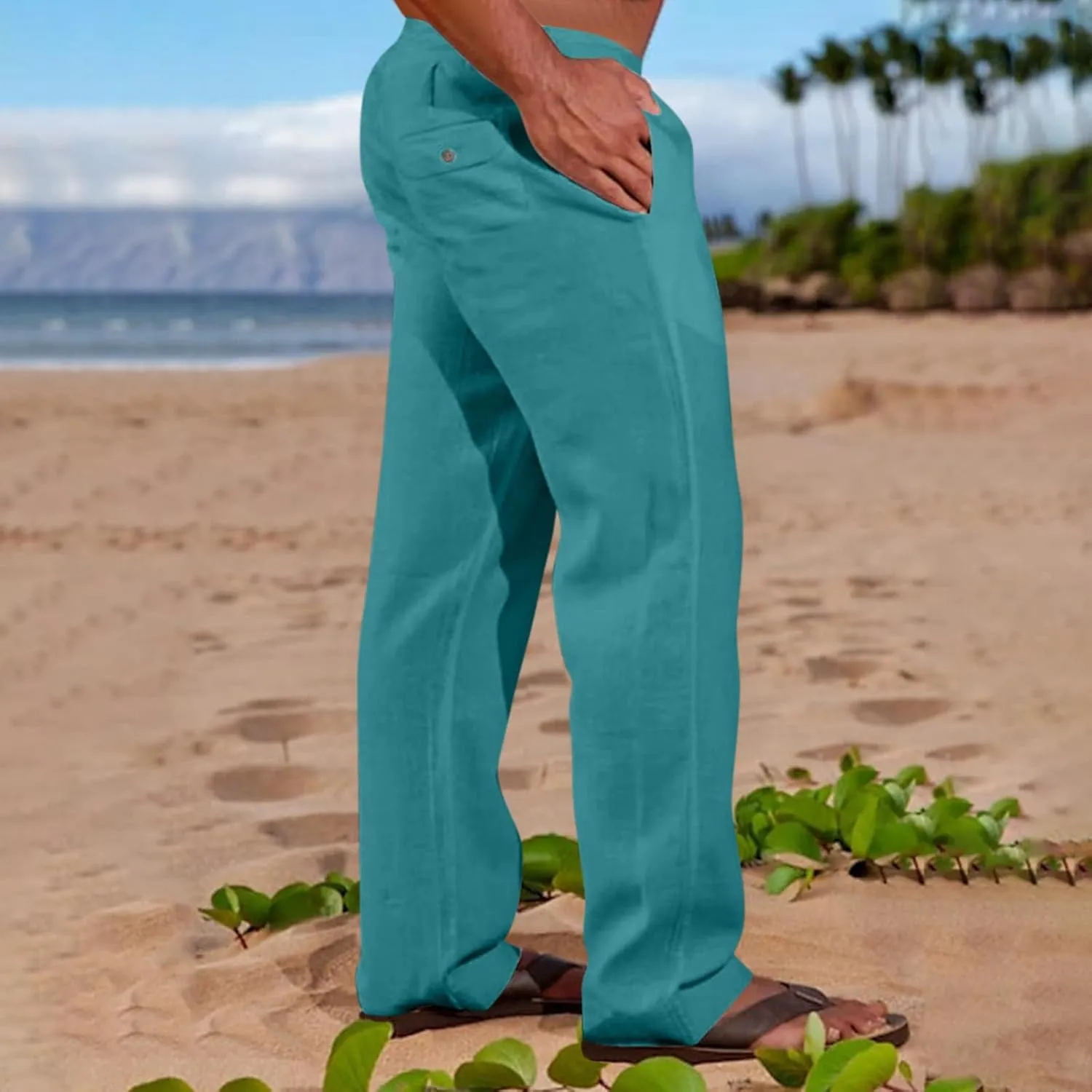 GIERIDUC Men's Casual Linen Pants Elastic Waist Drawstring Yoga Beach Pants Lightweight Loose Fit Hippie Trouser with Pockets