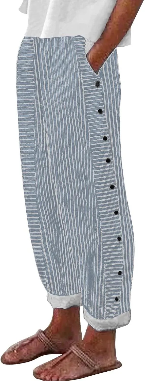 GIERIDUC Striped Linen Pants Women Cropped Side Button Trim Elastic Waist Capris Lightweight Summer Beach Trouser with Pocket