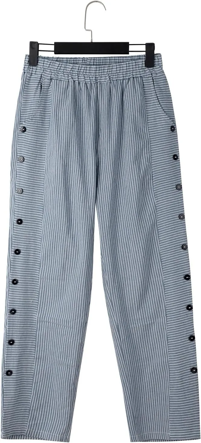 GIERIDUC Striped Linen Pants Women Cropped Side Button Trim Elastic Waist Capris Lightweight Summer Beach Trouser with Pocket