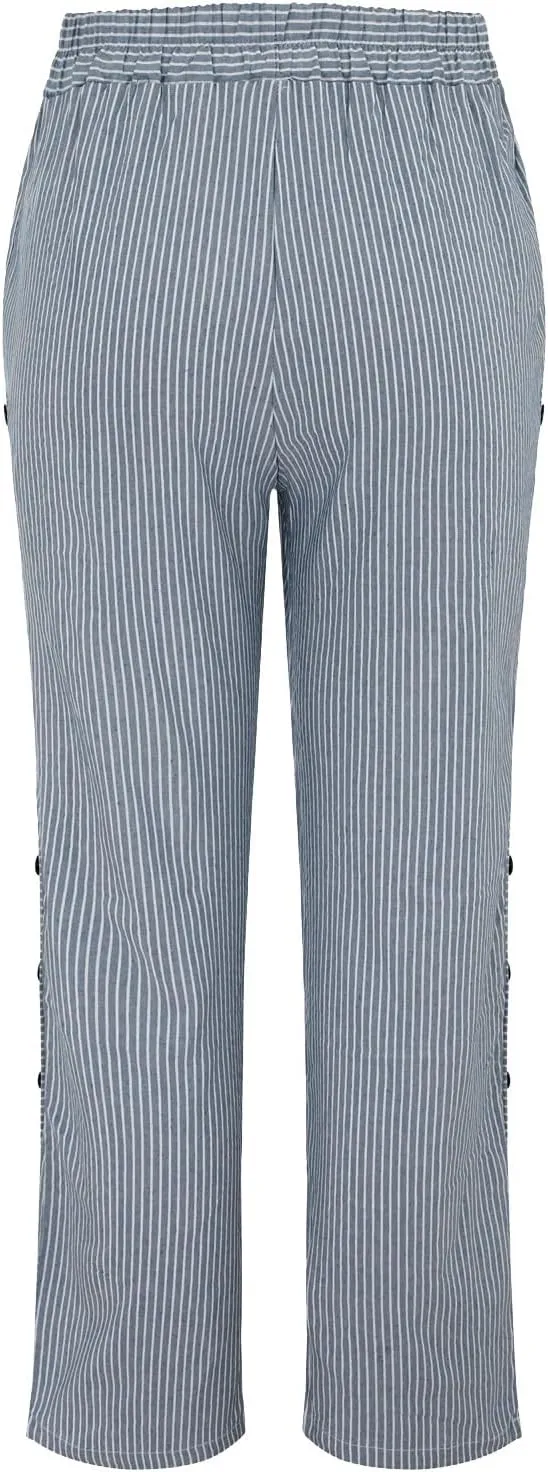 GIERIDUC Striped Linen Pants Women Cropped Side Button Trim Elastic Waist Capris Lightweight Summer Beach Trouser with Pocket
