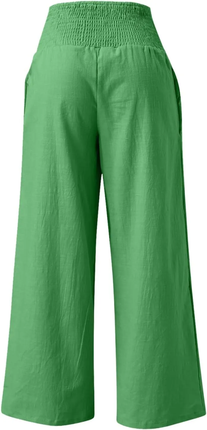 GIERIDUC Women Linen Pants 2025 Summer Casual Loose Wide Leg Palazzo Pant Smocked High Waist Flowy Beach Trousers Resort Wear