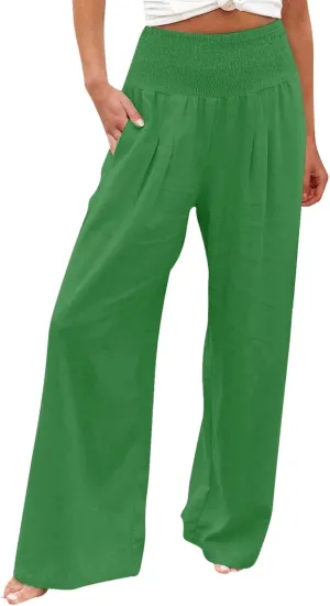 GIERIDUC Women Linen Pants 2025 Summer Casual Loose Wide Leg Palazzo Pant Smocked High Waist Flowy Beach Trousers Resort Wear