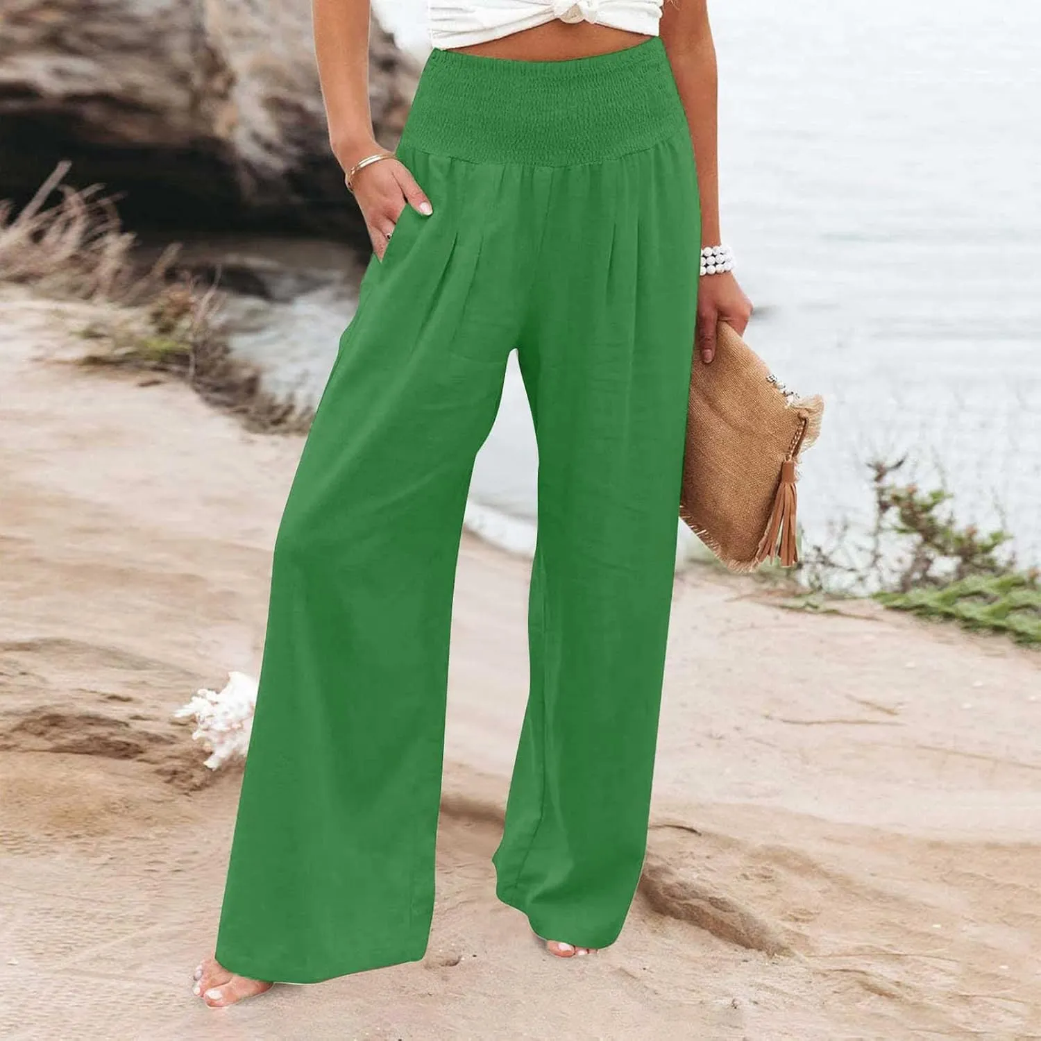 GIERIDUC Women Linen Pants 2025 Summer Casual Loose Wide Leg Palazzo Pant Smocked High Waist Flowy Beach Trousers Resort Wear