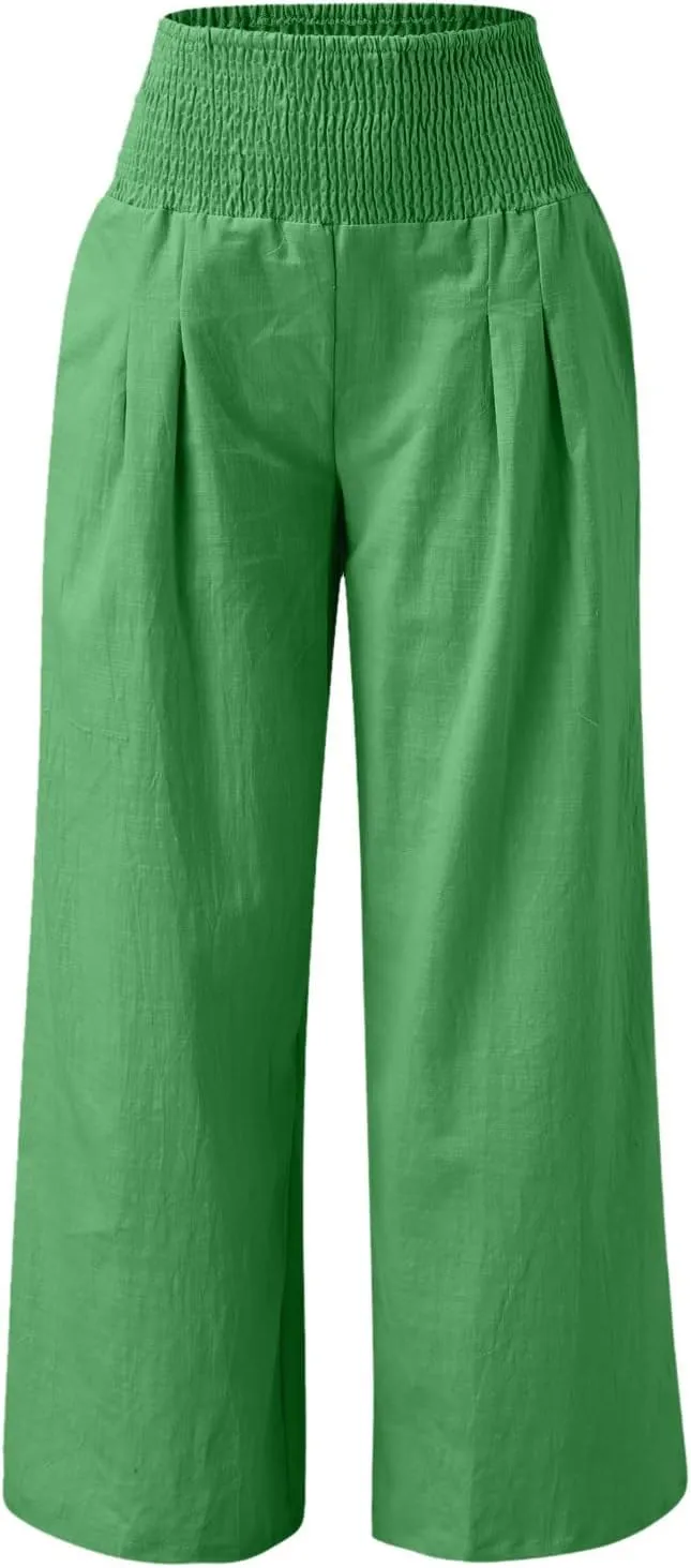 GIERIDUC Women Linen Pants 2025 Summer Casual Loose Wide Leg Palazzo Pant Smocked High Waist Flowy Beach Trousers Resort Wear