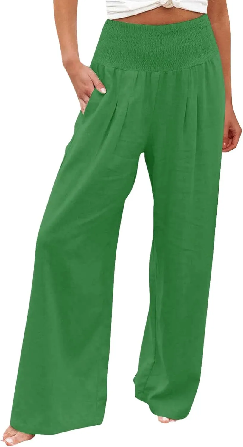 GIERIDUC Women Linen Pants 2025 Summer Casual Loose Wide Leg Palazzo Pant Smocked High Waist Flowy Beach Trousers Resort Wear