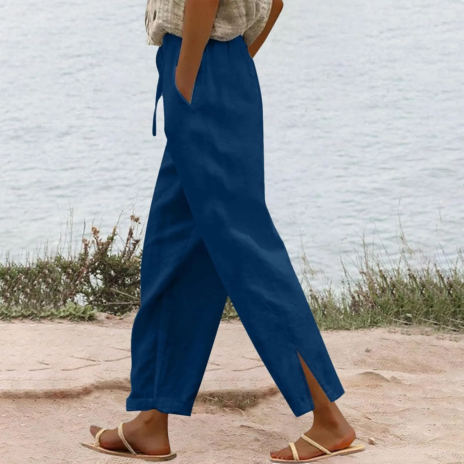 GIERIDUC Women Linen Pants Drawstring High Waist Wide Leg Casual Pants Lightweight Lounge Beach Summer Pants with Pockets