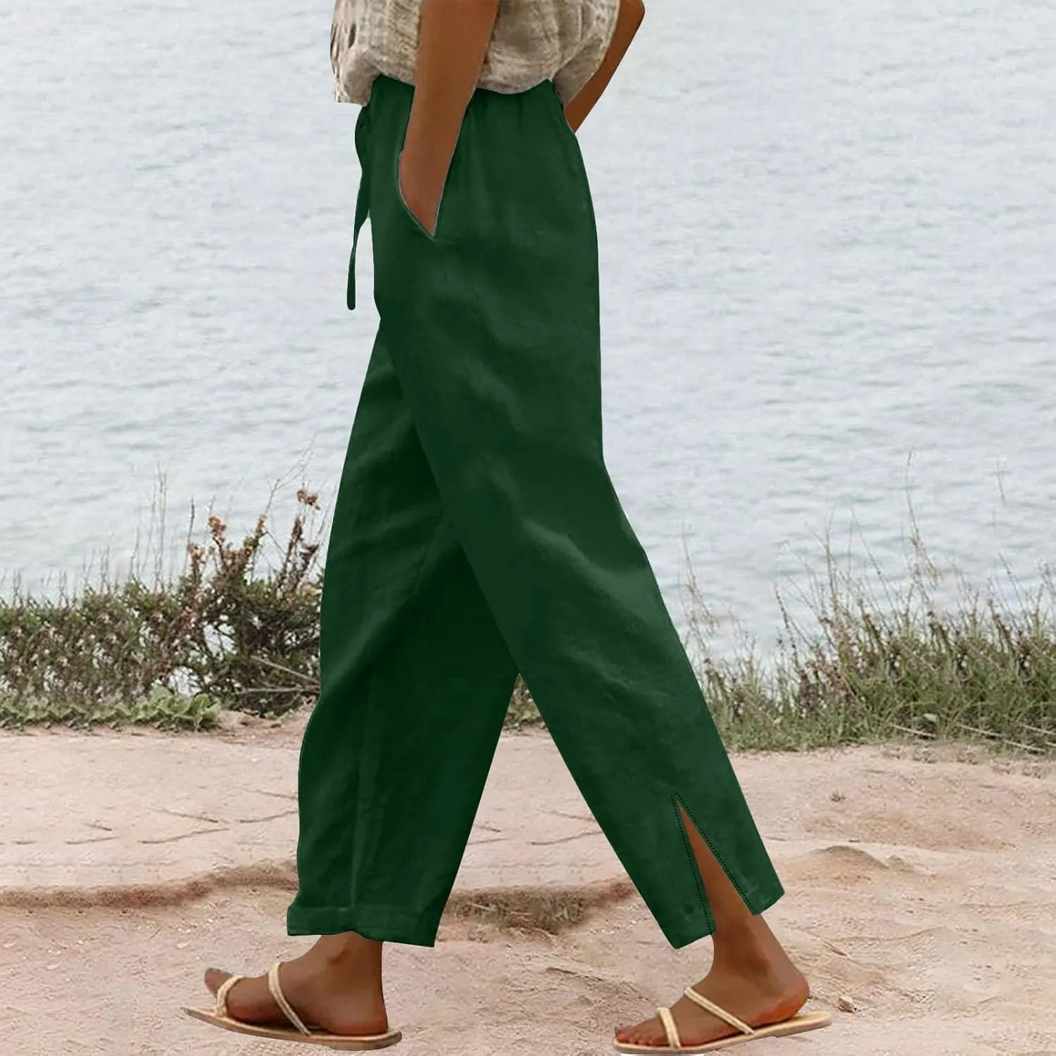 GIERIDUC Women Linen Pants Drawstring High Waist Wide Leg Casual Pants Lightweight Lounge Beach Summer Pants with Pockets
