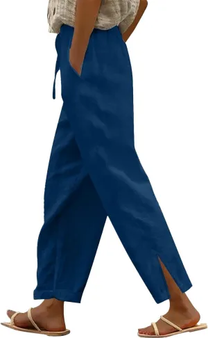 GIERIDUC Women Linen Pants Drawstring High Waist Wide Leg Casual Pants Lightweight Lounge Beach Summer Pants with Pockets