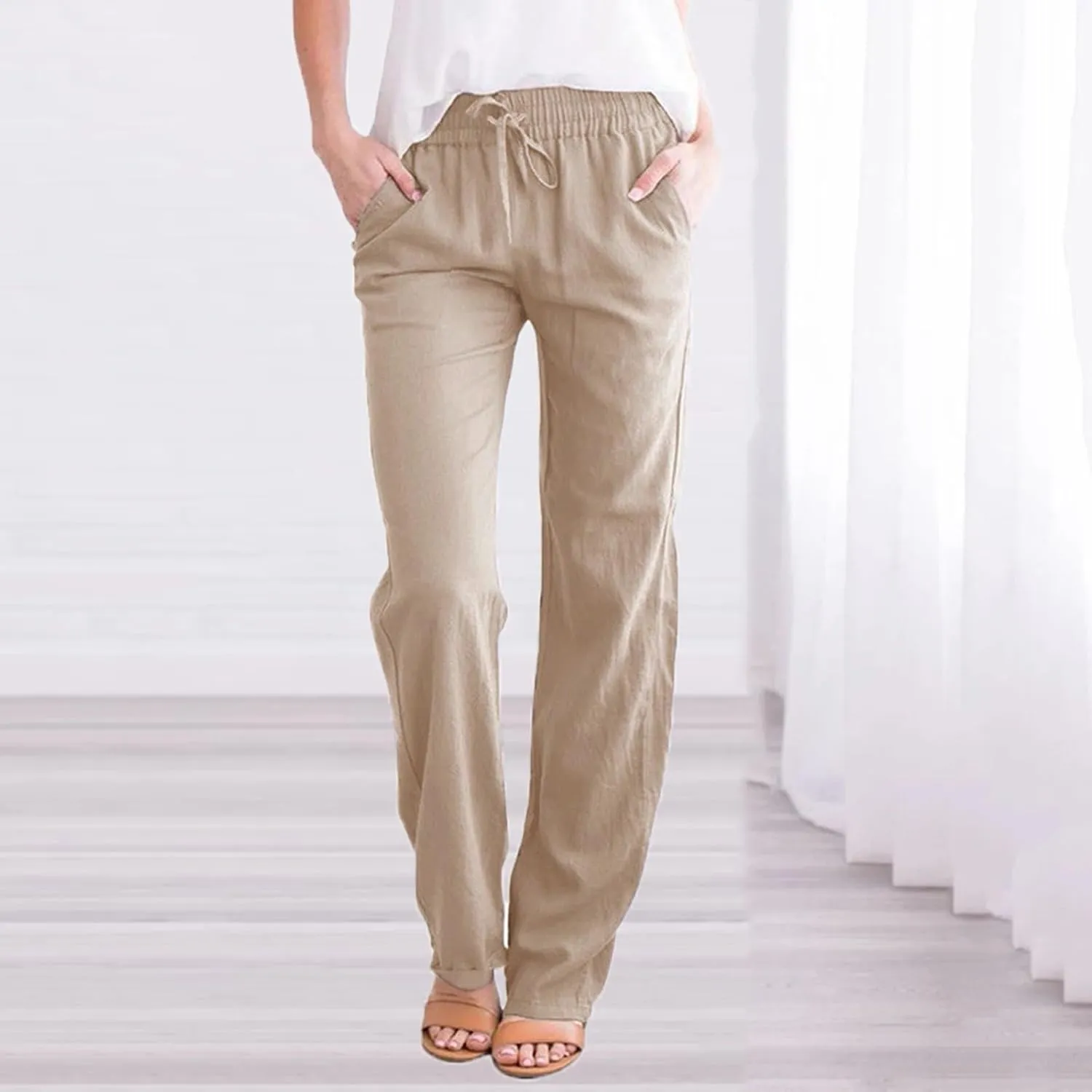 GIERIDUC Womens Casual Linen High Waist Pants Drawstring Loose Fit Summer Palazzo Pants Wide Leg Baggy Trousers with Pockets