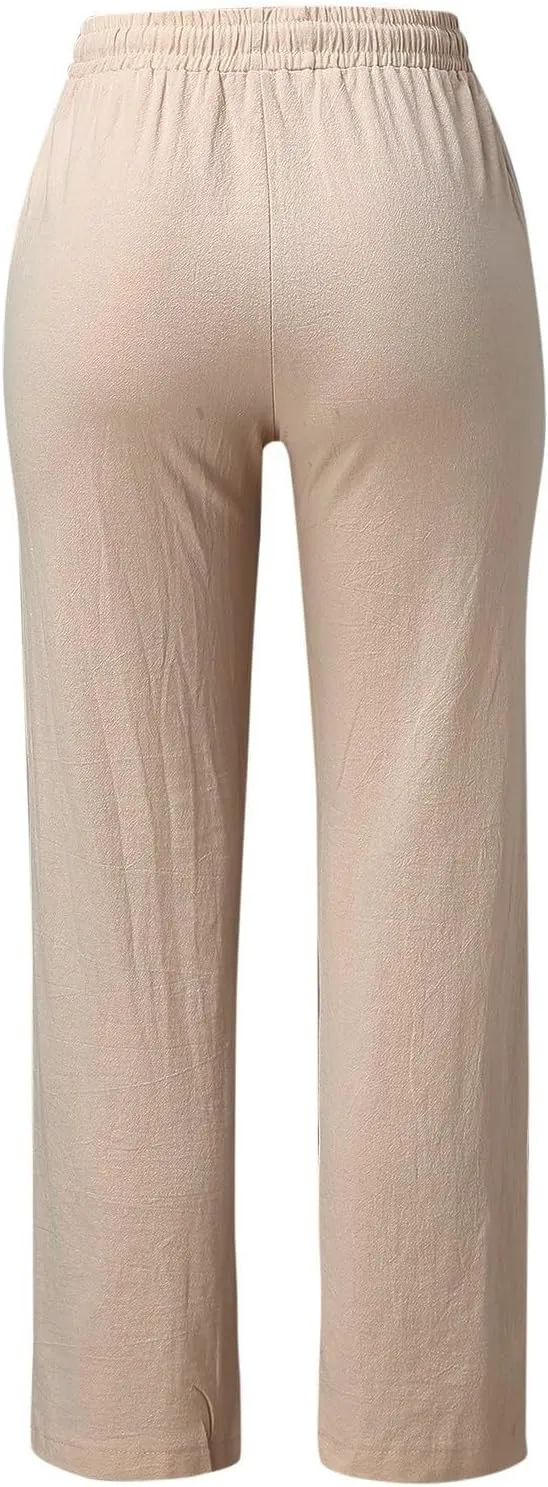 GIERIDUC Womens Casual Linen High Waist Pants Drawstring Loose Fit Summer Palazzo Pants Wide Leg Baggy Trousers with Pockets