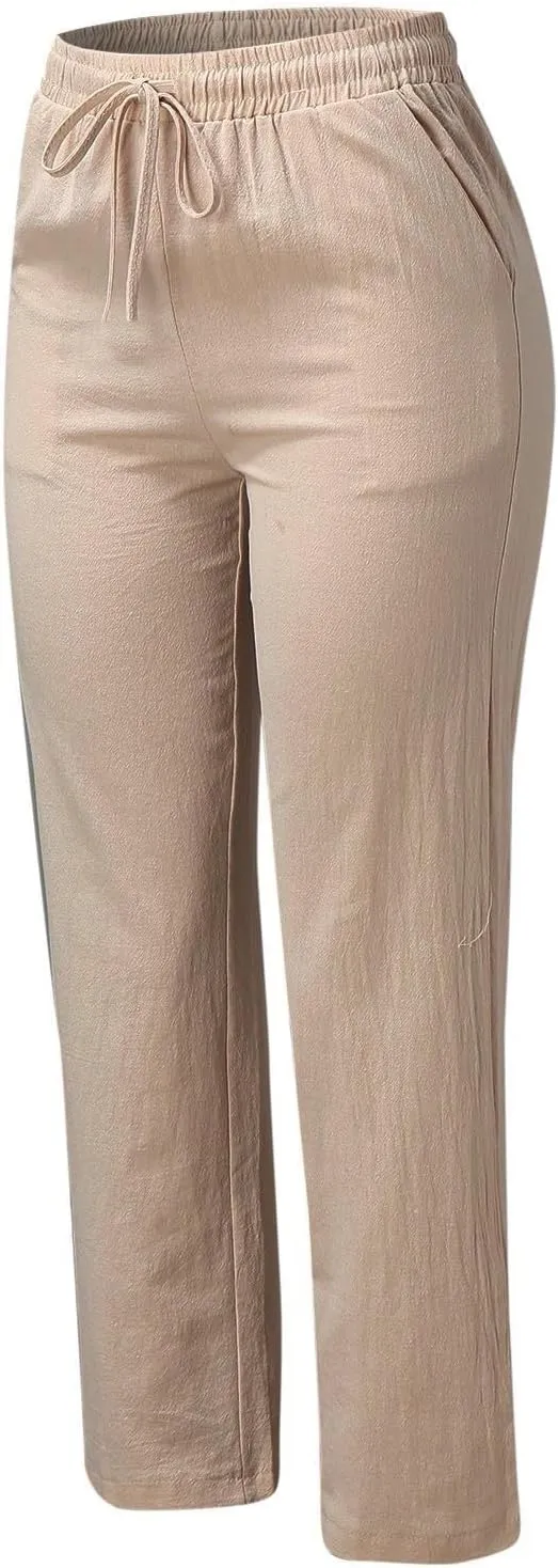 GIERIDUC Womens Casual Linen High Waist Pants Drawstring Loose Fit Summer Palazzo Pants Wide Leg Baggy Trousers with Pockets
