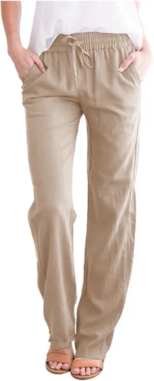 GIERIDUC Womens Casual Linen High Waist Pants Drawstring Loose Fit Summer Palazzo Pants Wide Leg Baggy Trousers with Pockets