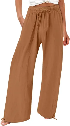 GIERIDUC Womens Linen Pants 2025 Summer Casual Loose Wide Leg Palazzo Pants Business Smocked High Waist Flowy Beach Trousers