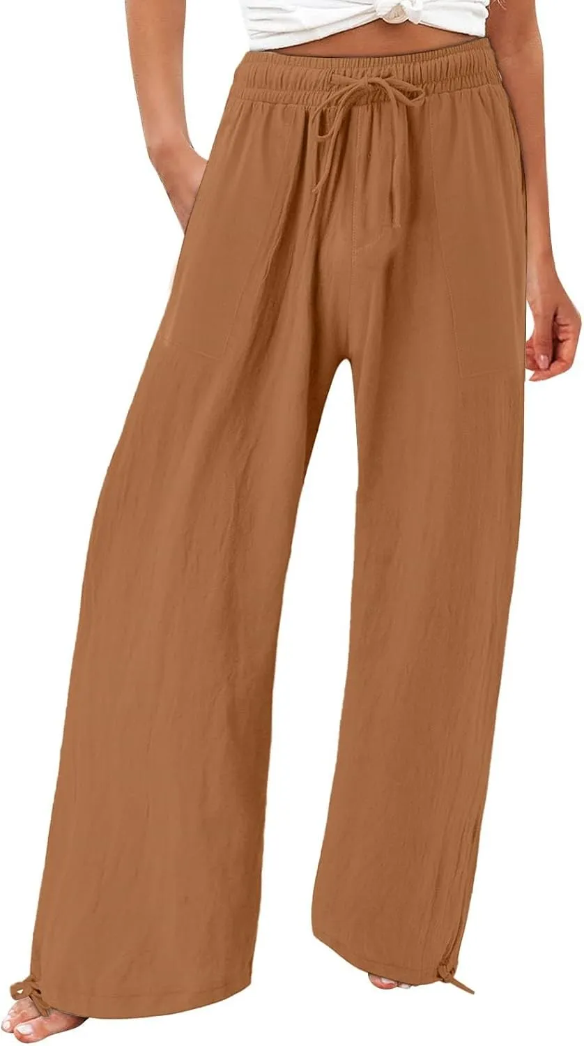 GIERIDUC Womens Linen Pants 2025 Summer Casual Loose Wide Leg Palazzo Pants Business Smocked High Waist Flowy Beach Trousers