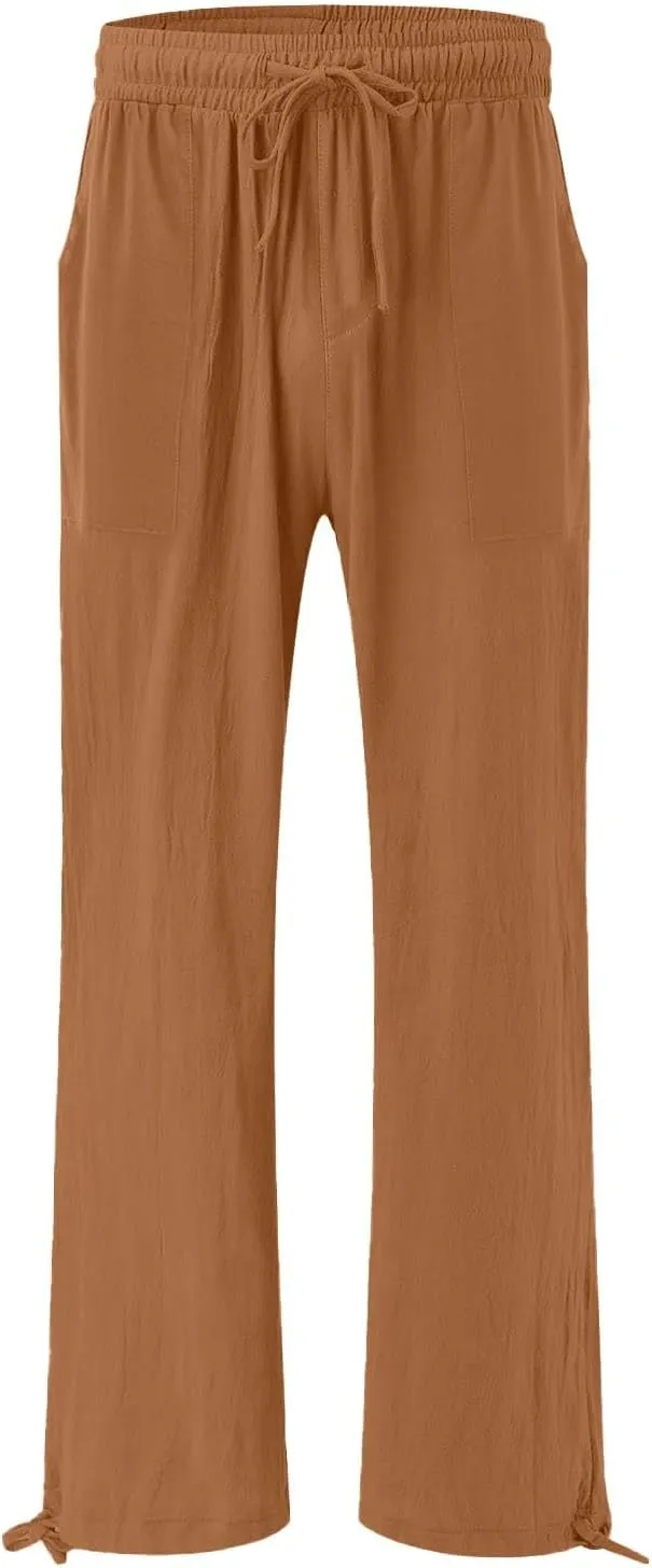 GIERIDUC Womens Linen Pants 2025 Summer Casual Loose Wide Leg Palazzo Pants Business Smocked High Waist Flowy Beach Trousers