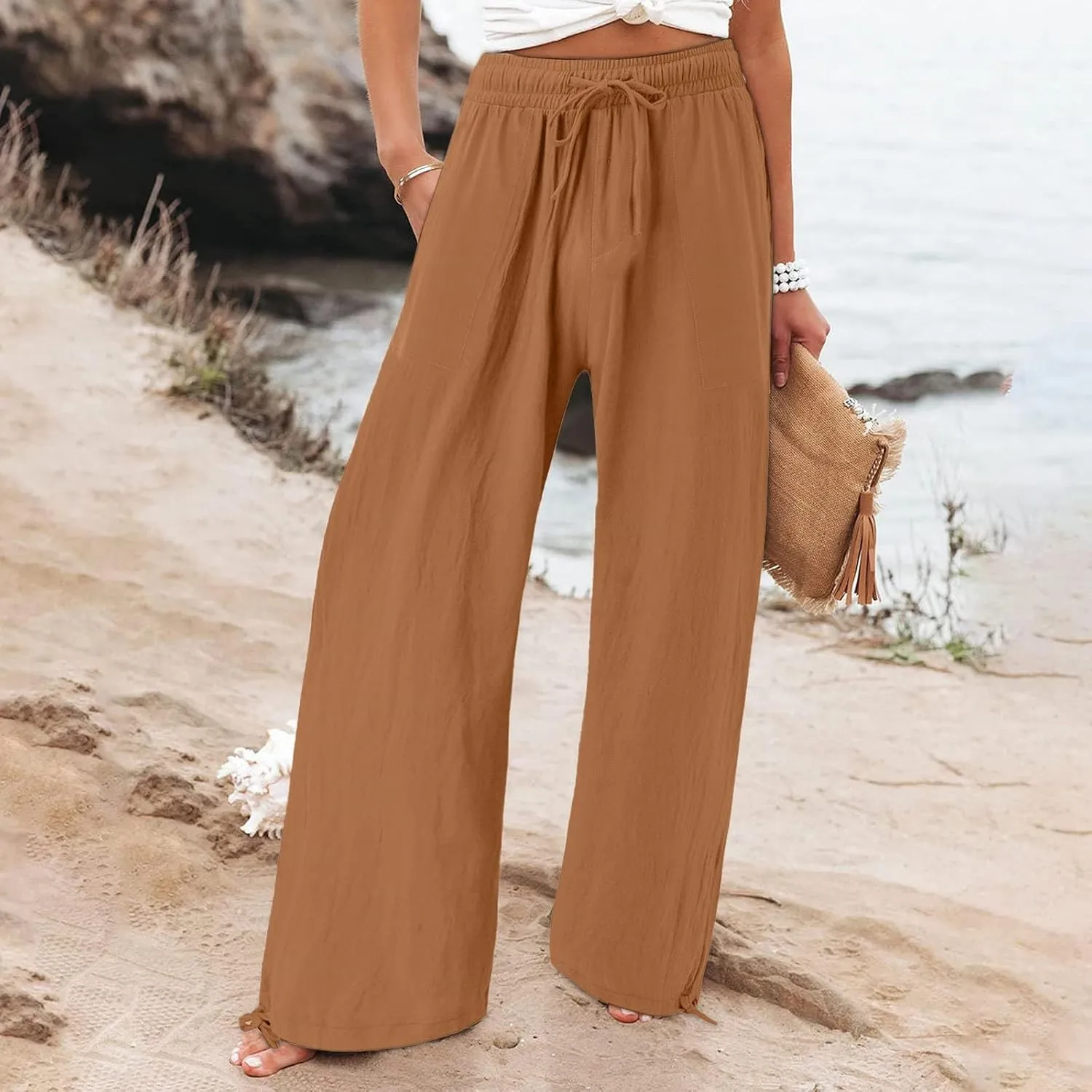 GIERIDUC Womens Linen Pants 2025 Summer Casual Loose Wide Leg Palazzo Pants Business Smocked High Waist Flowy Beach Trousers