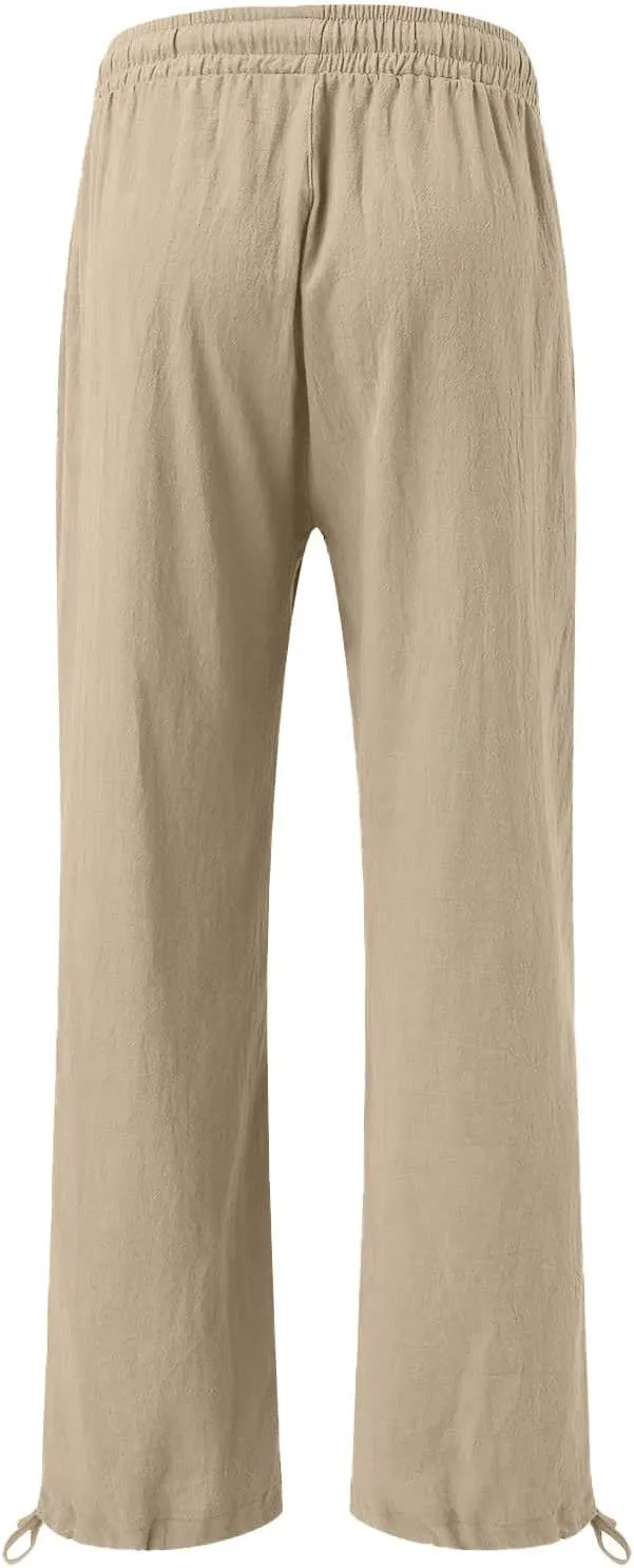 GIERIDUC Womens Linen Pants Casual Loose Wide Leg Business Work Pants for Women Elastic Waist Palazzo Trousers with Pockets
