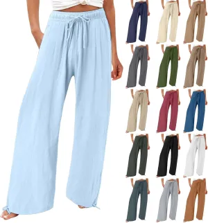 GIERIDUC Womens Linen Pants Casual Loose Wide Leg Business Work Pants for Women Elastic Waist Palazzo Trousers with Pockets