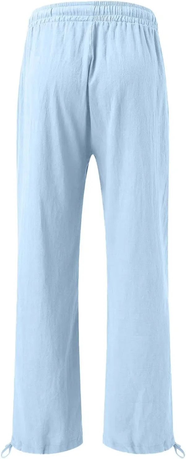 GIERIDUC Womens Linen Pants Casual Loose Wide Leg Business Work Pants for Women Elastic Waist Palazzo Trousers with Pockets