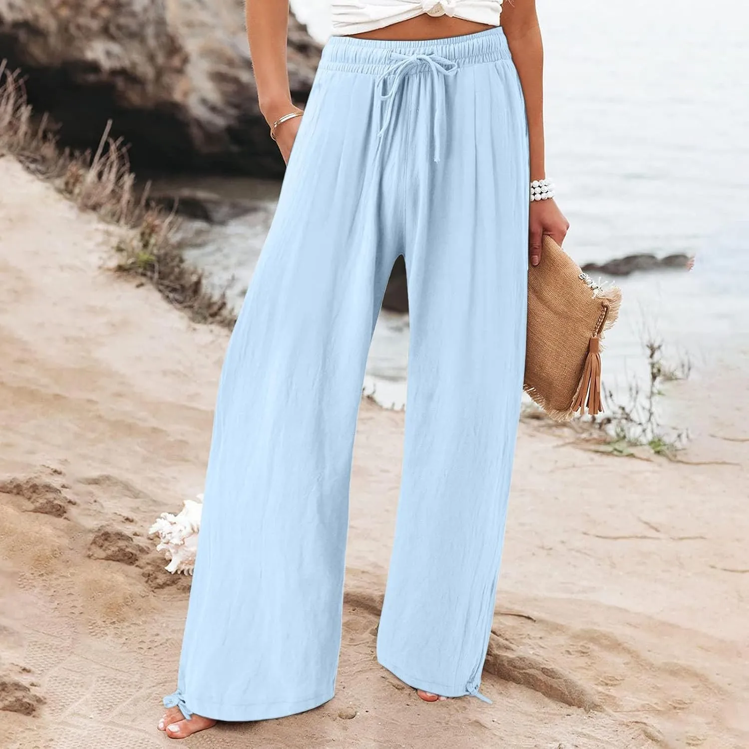 GIERIDUC Womens Linen Pants Casual Loose Wide Leg Business Work Pants for Women Elastic Waist Palazzo Trousers with Pockets