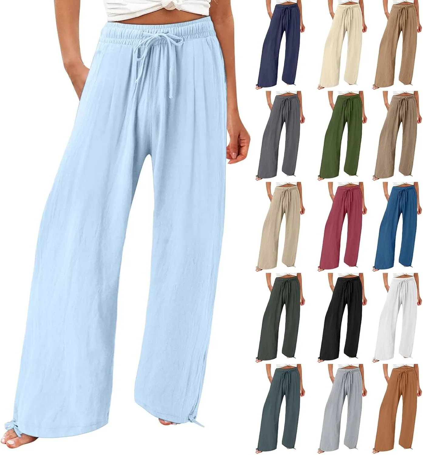 GIERIDUC Womens Linen Pants Casual Loose Wide Leg Business Work Pants for Women Elastic Waist Palazzo Trousers with Pockets