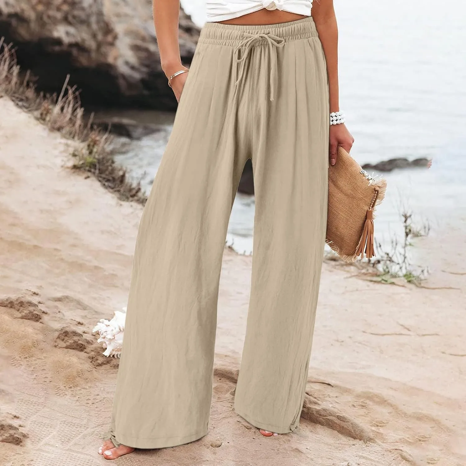 GIERIDUC Womens Linen Pants Casual Loose Wide Leg Business Work Pants for Women Elastic Waist Palazzo Trousers with Pockets